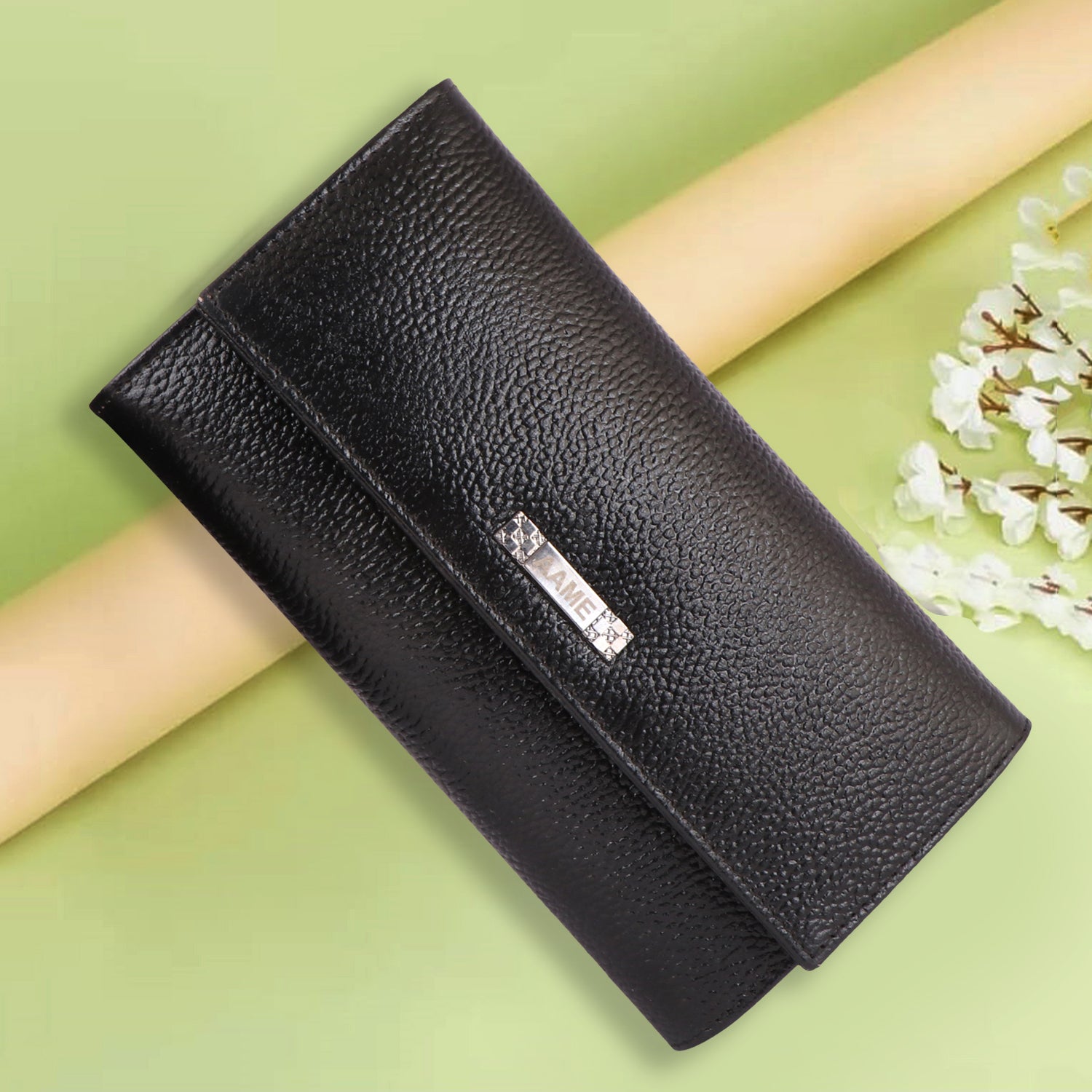 Genuine Leather Foldover Clutch Handbag with Dust Bag for Women