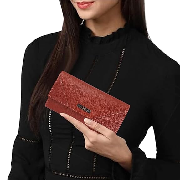 Genuine Leather Foldover Clutch Handbag with Dust Bag for Women