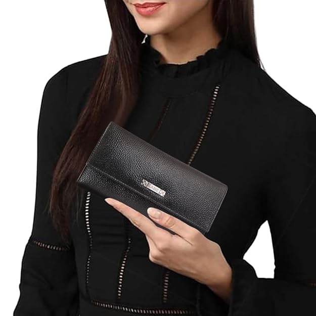 Genuine Leather Foldover Clutch Handbag with Dust Bag for Women