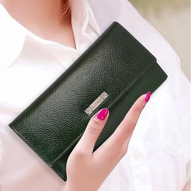 Genuine Leather Foldover Clutch Handbag with Dust Bag for Women