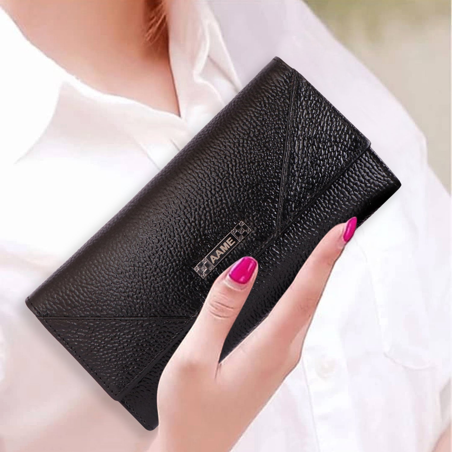 Genuine Leather Foldover Clutch Handbag with Dust Bag for Women