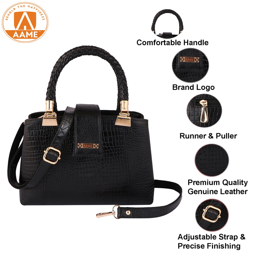 Croc Textured Genuine Leather Satchel Bag with Detachable Strap For Party