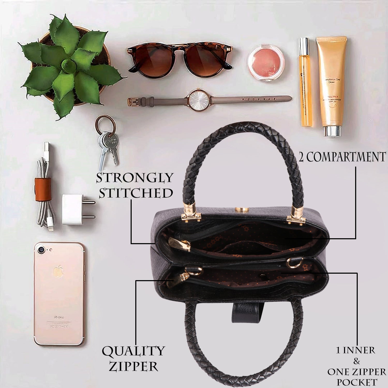 Croc Textured Genuine Leather Satchel Bag with Detachable Strap For Party