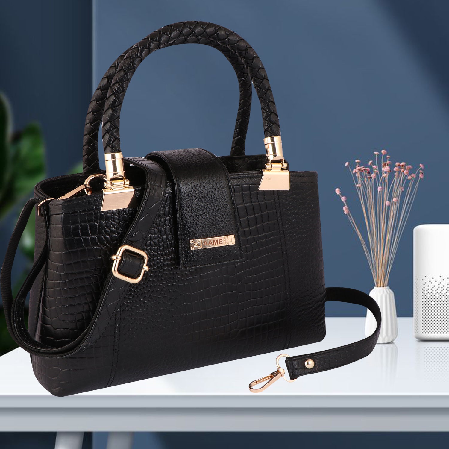 Croc Textured Genuine Leather Satchel Bag with Detachable Strap For Party