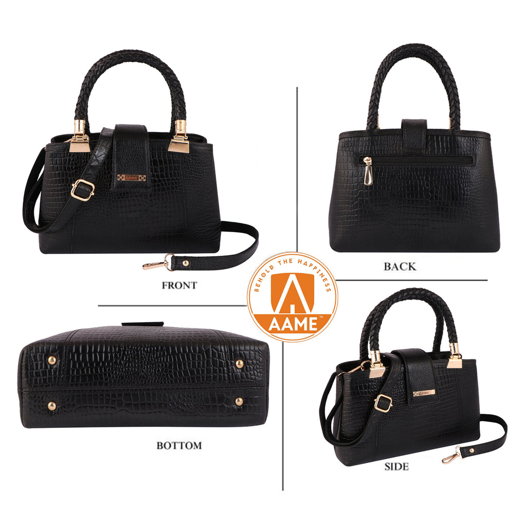 Croc Textured Genuine Leather Satchel Bag with Detachable Strap For Party