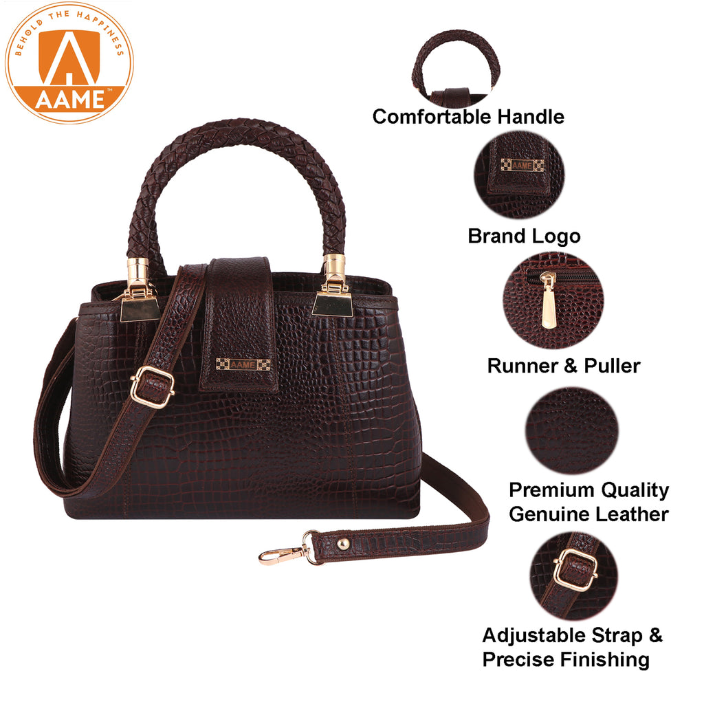 Croc Textured Genuine Leather  Satchel Bag with Detachable Strap For Party