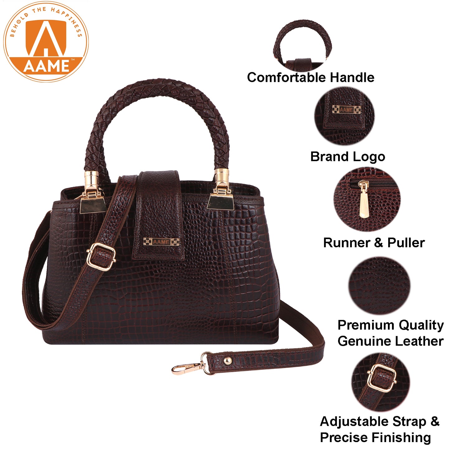 Croc Textured Genuine Leather  Satchel Bag with Detachable Strap For Party