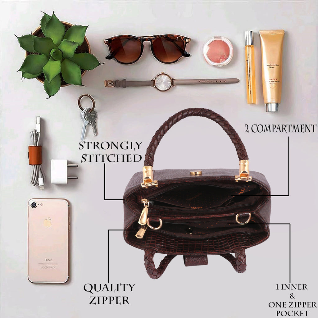 Croc Textured Genuine Leather  Satchel Bag with Detachable Strap For Party