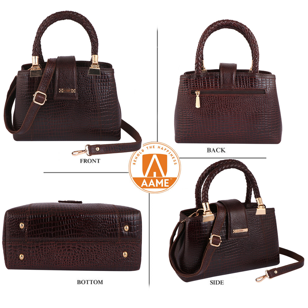 Croc Textured Genuine Leather  Satchel Bag with Detachable Strap For Party