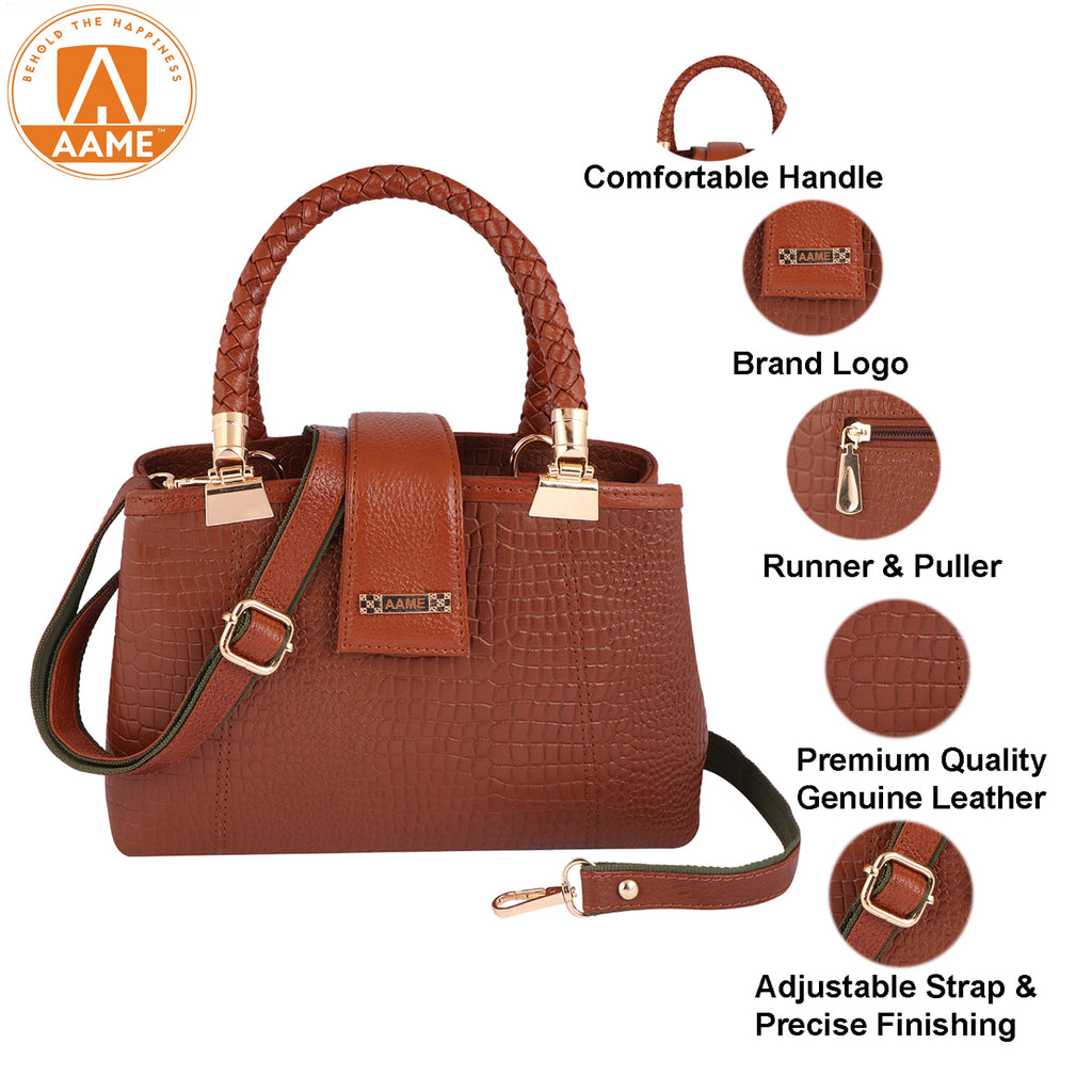 Croc Textured Genuine Leather Satchel Bag with Detachable Strap For Party