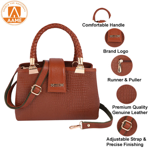 Croc Textured Genuine Leather Satchel Bag with Detachable Strap For Party