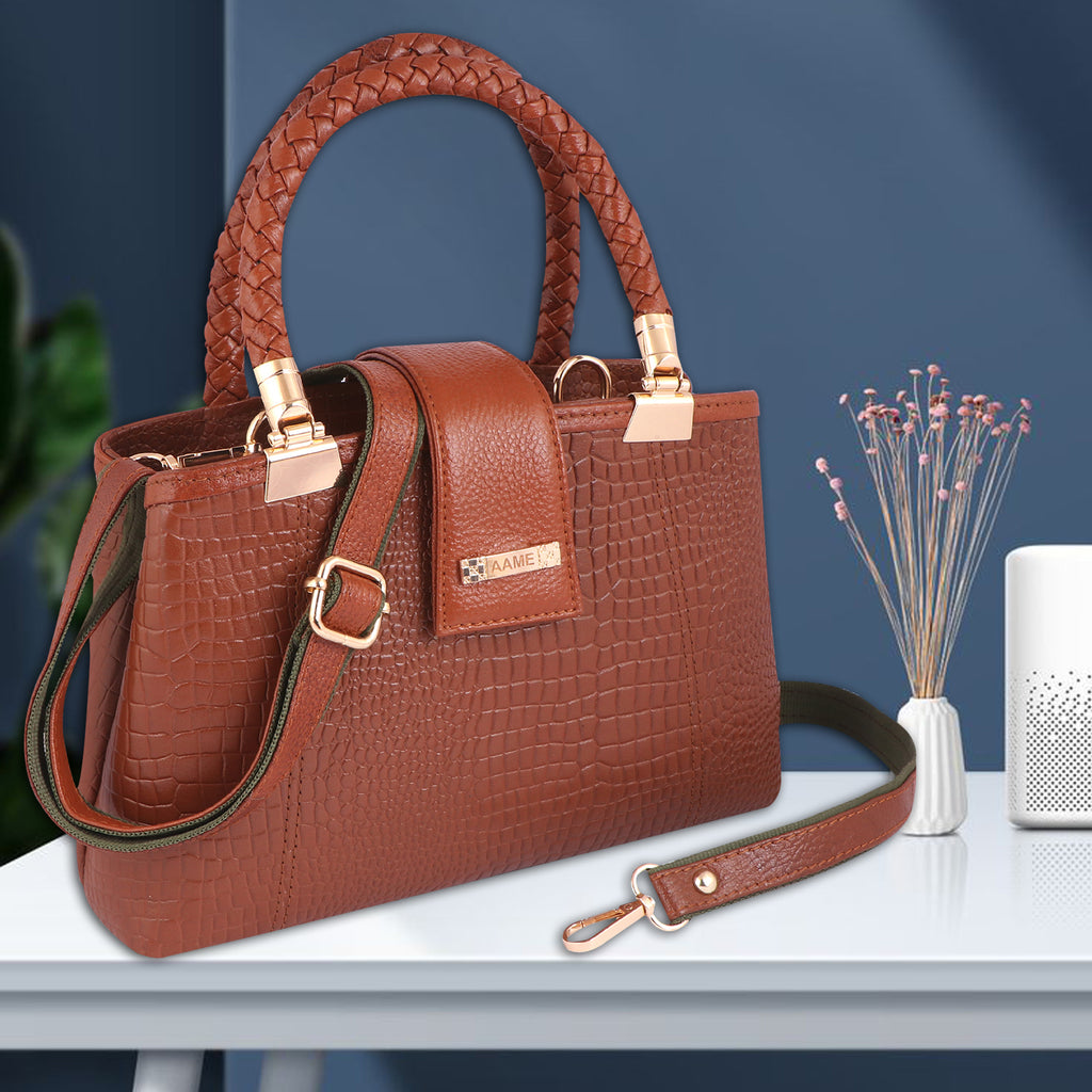 Croc Textured Genuine Leather Satchel Bag with Detachable Strap For Party