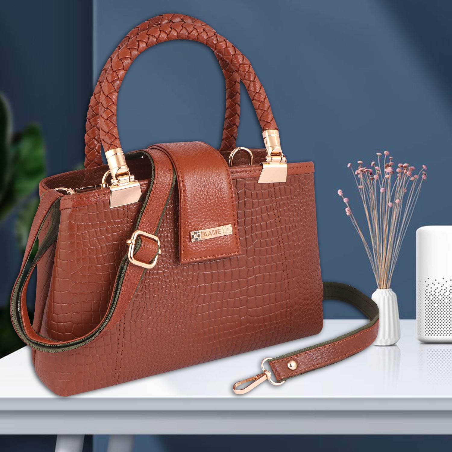 Croc Textured Genuine Leather Satchel Bag with Detachable Strap For Party