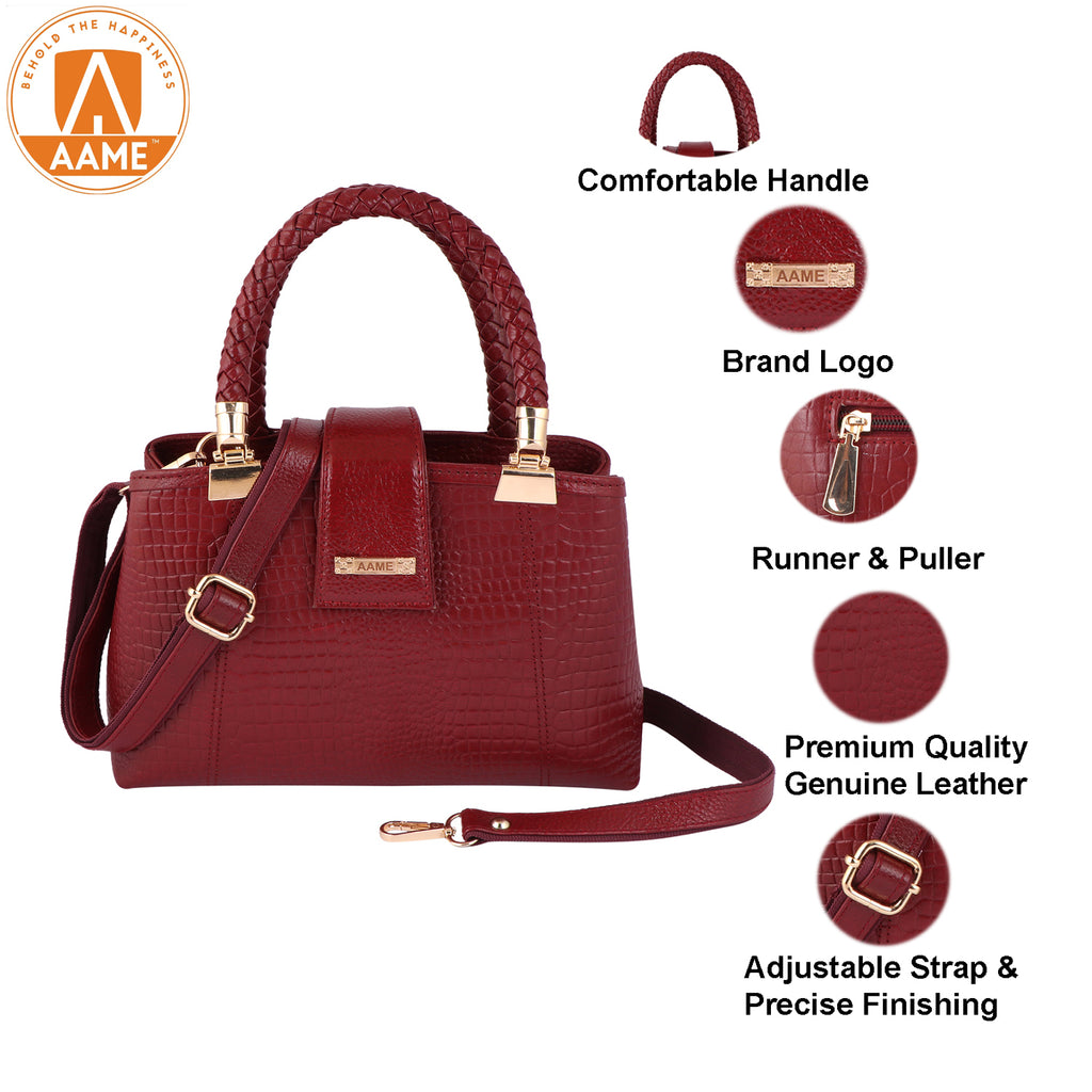 Croc Textured Genuine Leather Satchel Bag with Detachable Strap For Party