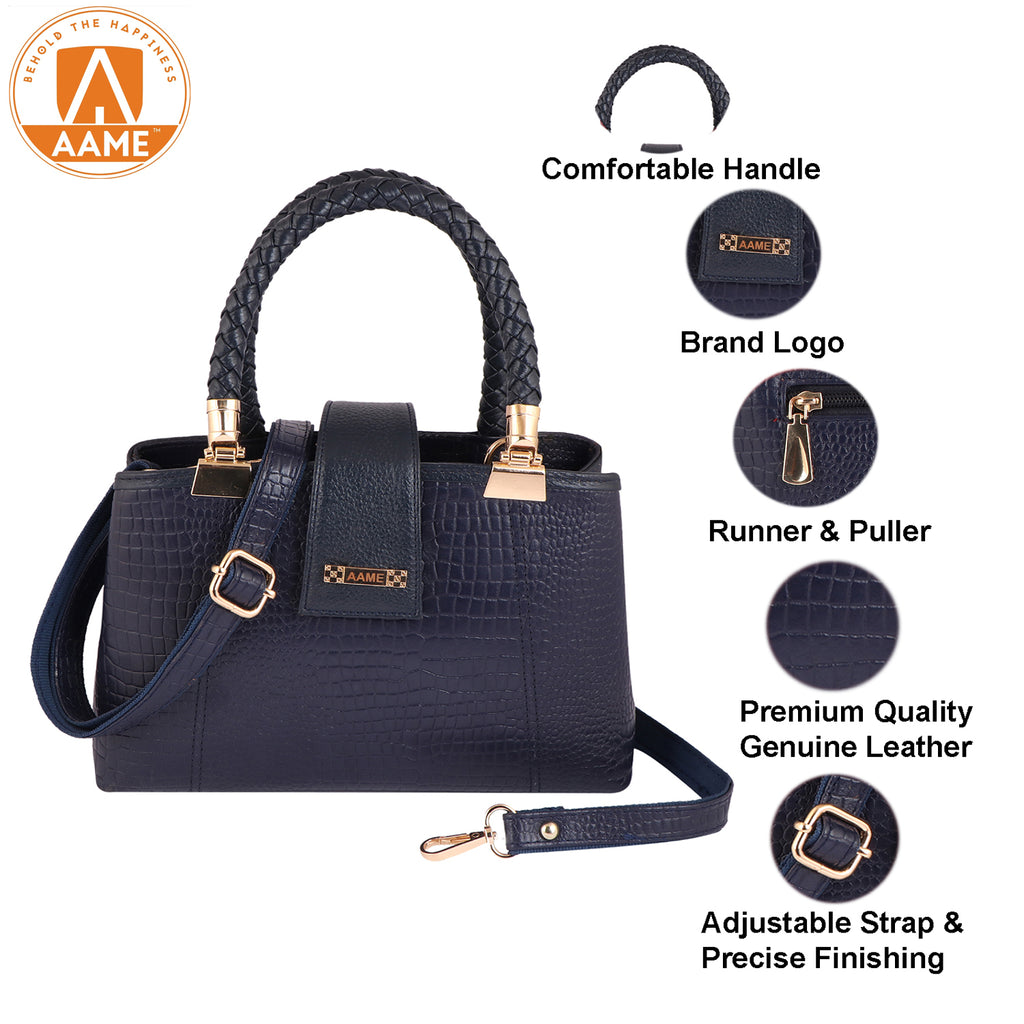 Croc Textured Genuine Leather Satchel Bag with Detachable Strap For Party