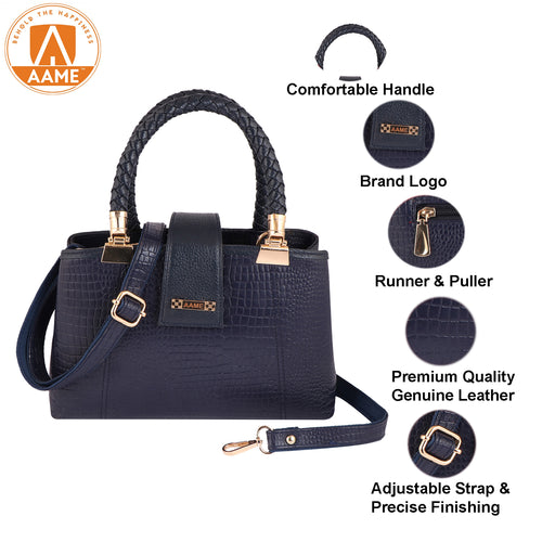 Croc Textured Genuine Leather Satchel Bag with Detachable Strap For Party